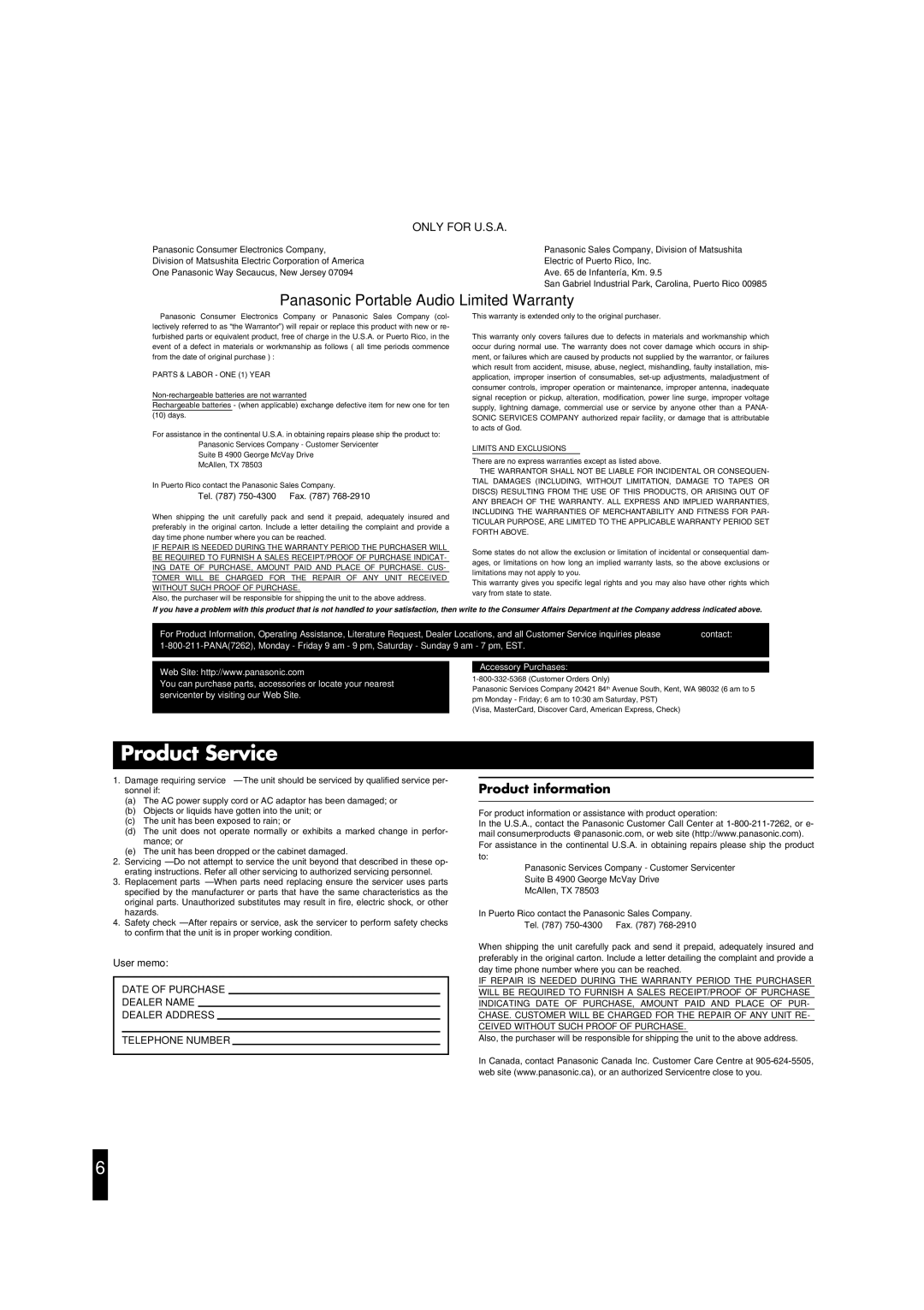 Panasonic SL-CT590 operating instructions Product information, User memo, Tel 750-4300 Fax 