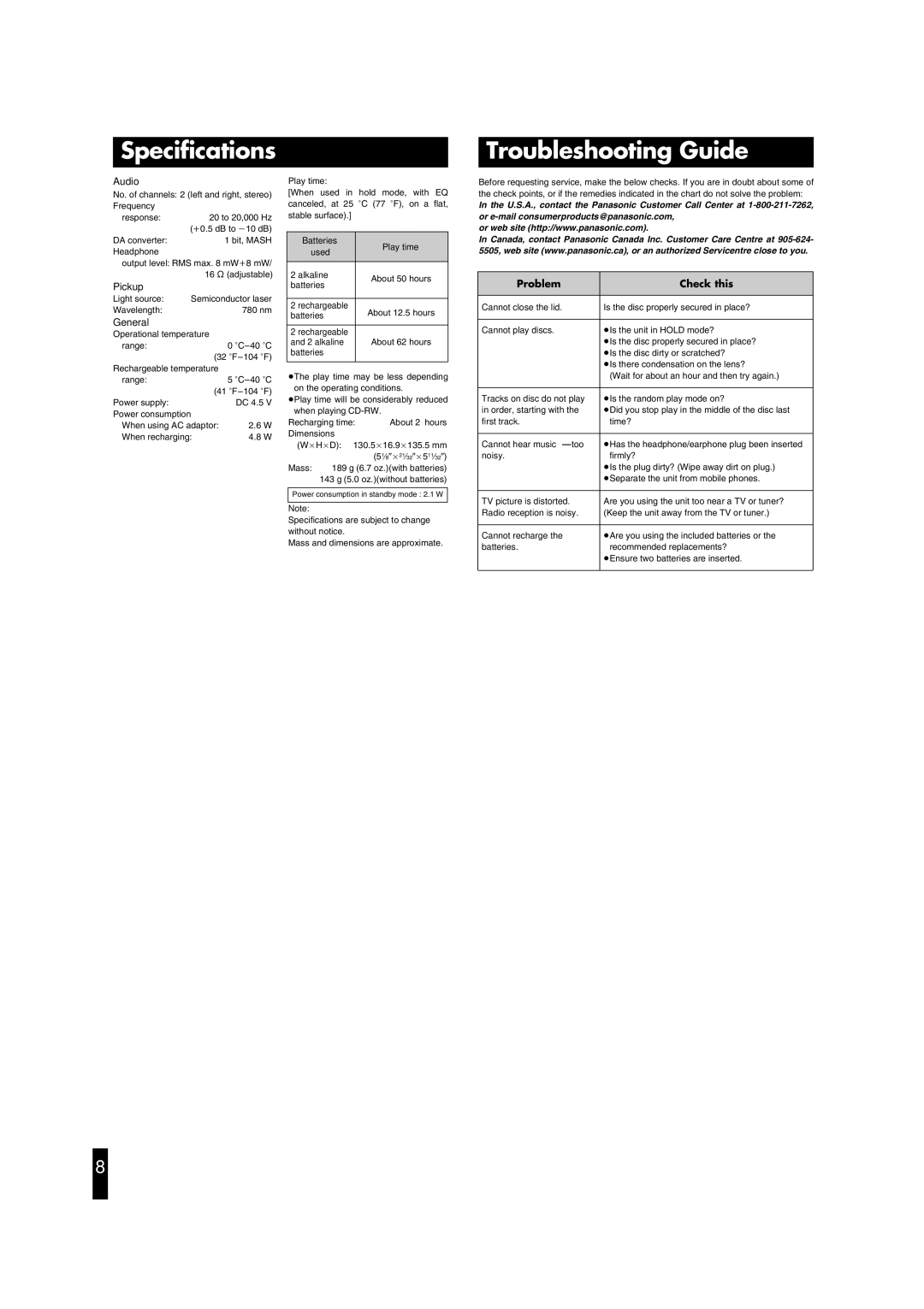 Panasonic SL-CT590 operating instructions Specifications, Troubleshooting Guide, Audio, Pickup, General 