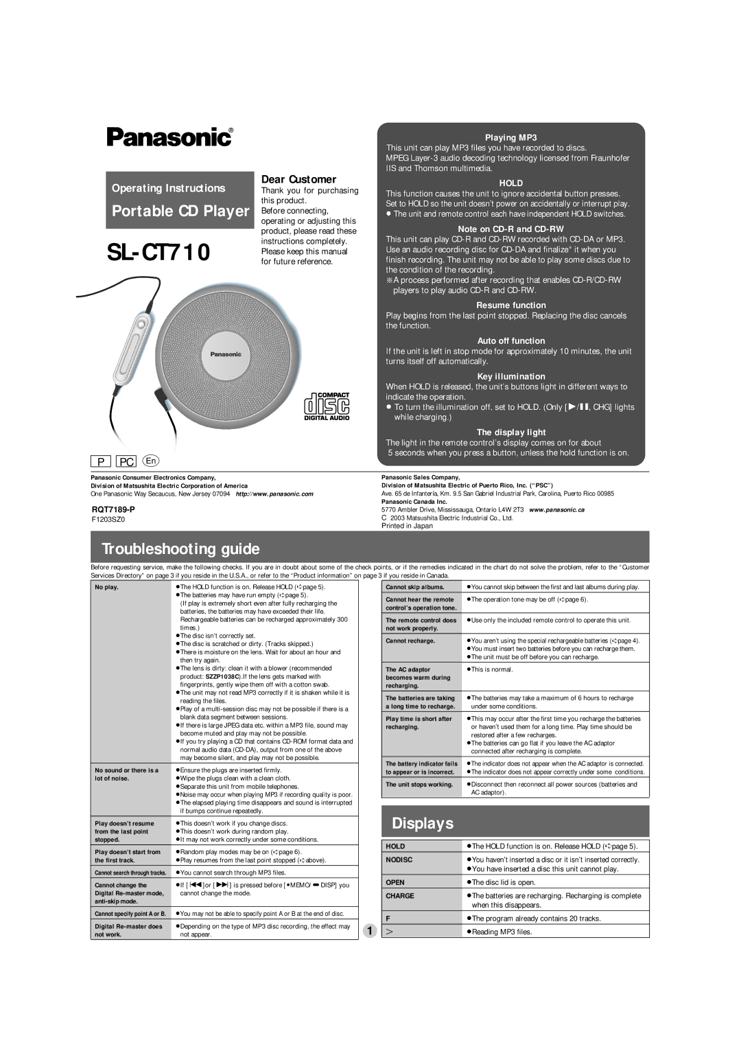 Panasonic SL-CT710 operating instructions Portable CD player, Troubleshooting guide 