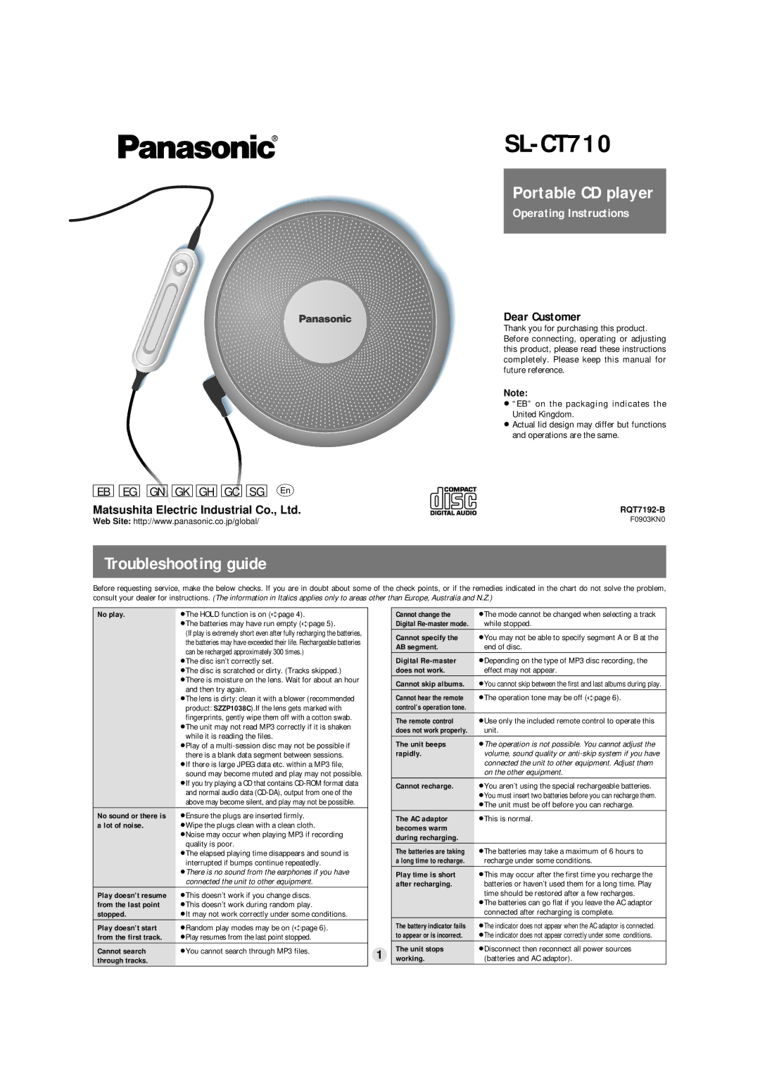 Panasonic SL-CT710 operating instructions Portable CD player, Troubleshooting guide 