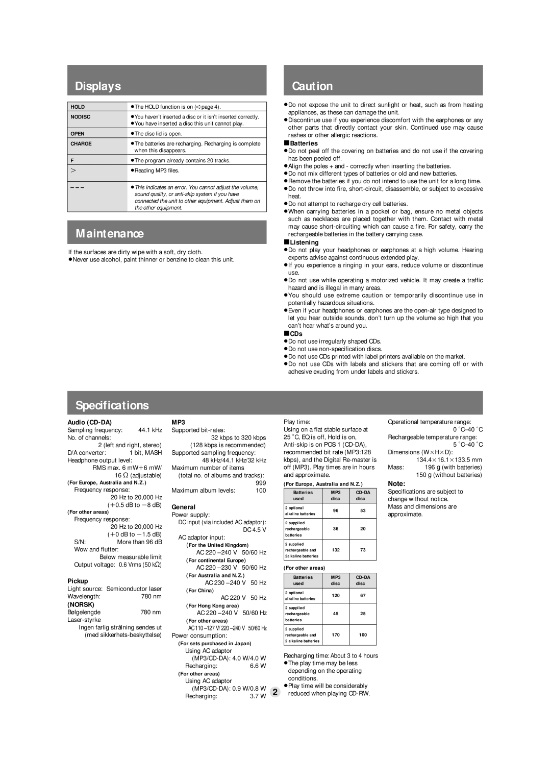 Panasonic SL-CT710 operating instructions Displays, Maintenance, Specifications, Norsk, MP3 