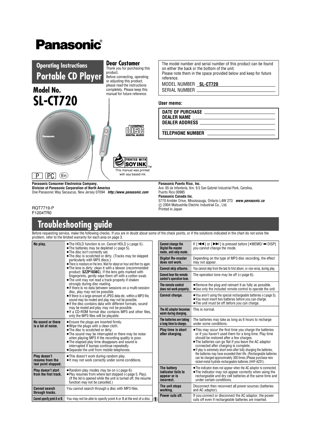 Panasonic SL-CT720 operating instructions Troubleshooting guide, User memo 