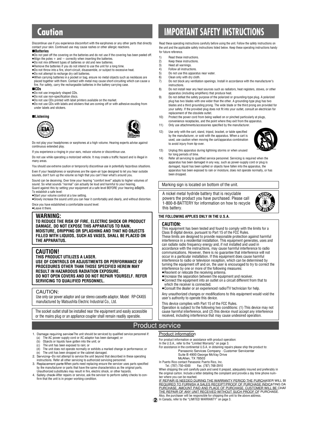 Panasonic SL-CT720 operating instructions This Product Utilizes a Laser, This battery, Product information 