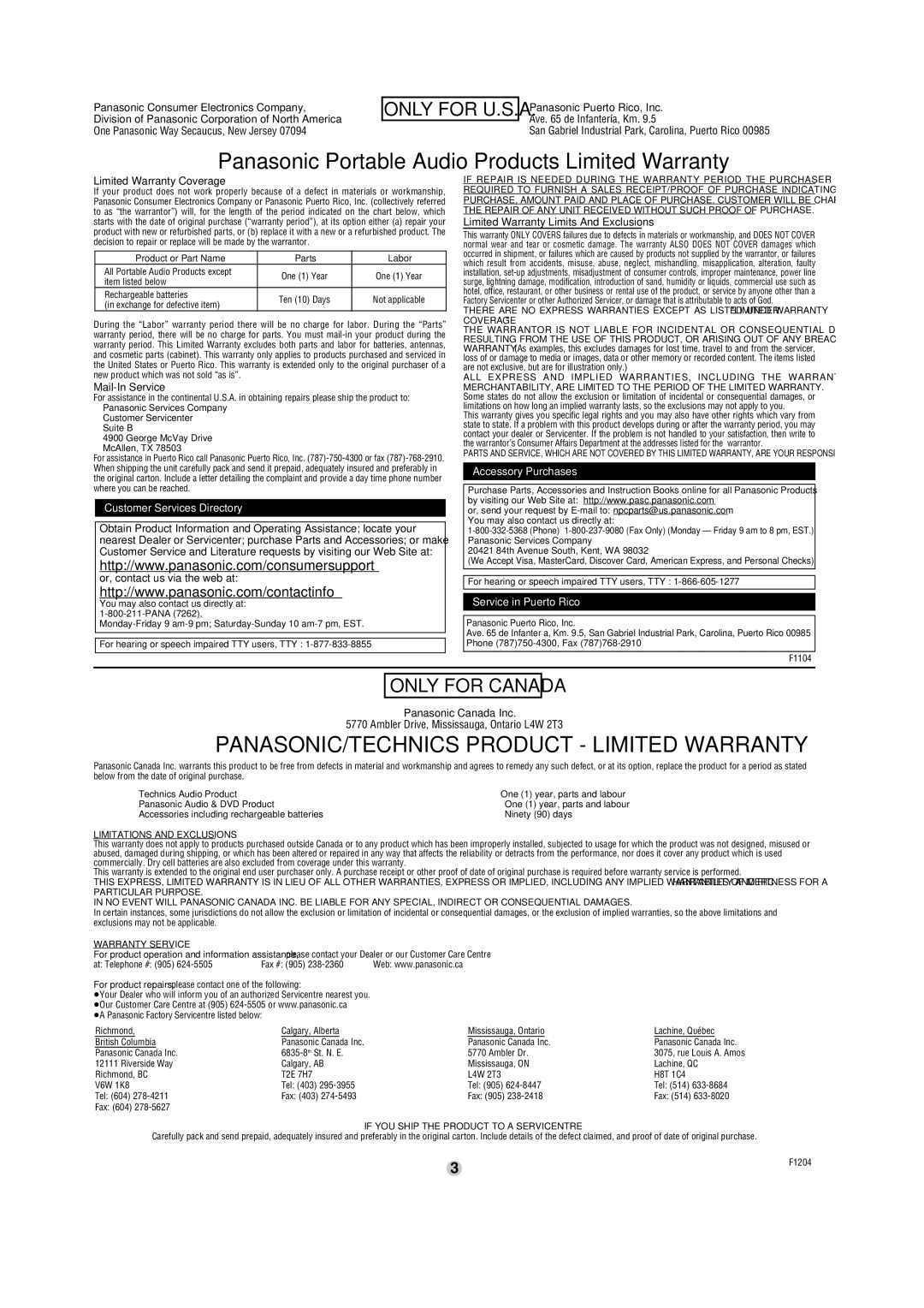 Panasonic SL-CT720 San Gabriel Industrial Park, Carolina, Puerto Rico, Limited Warranty Coverage, Mail-In Service 