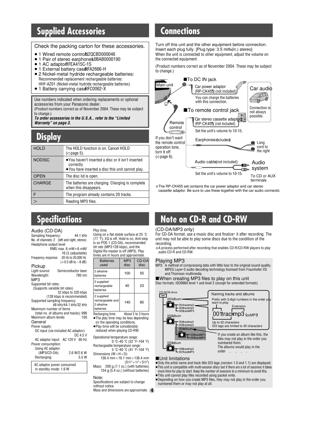 Panasonic SL-CT720 operating instructions Supplied Accessories, Connections, Display, 001track.mp3 or.MP3 