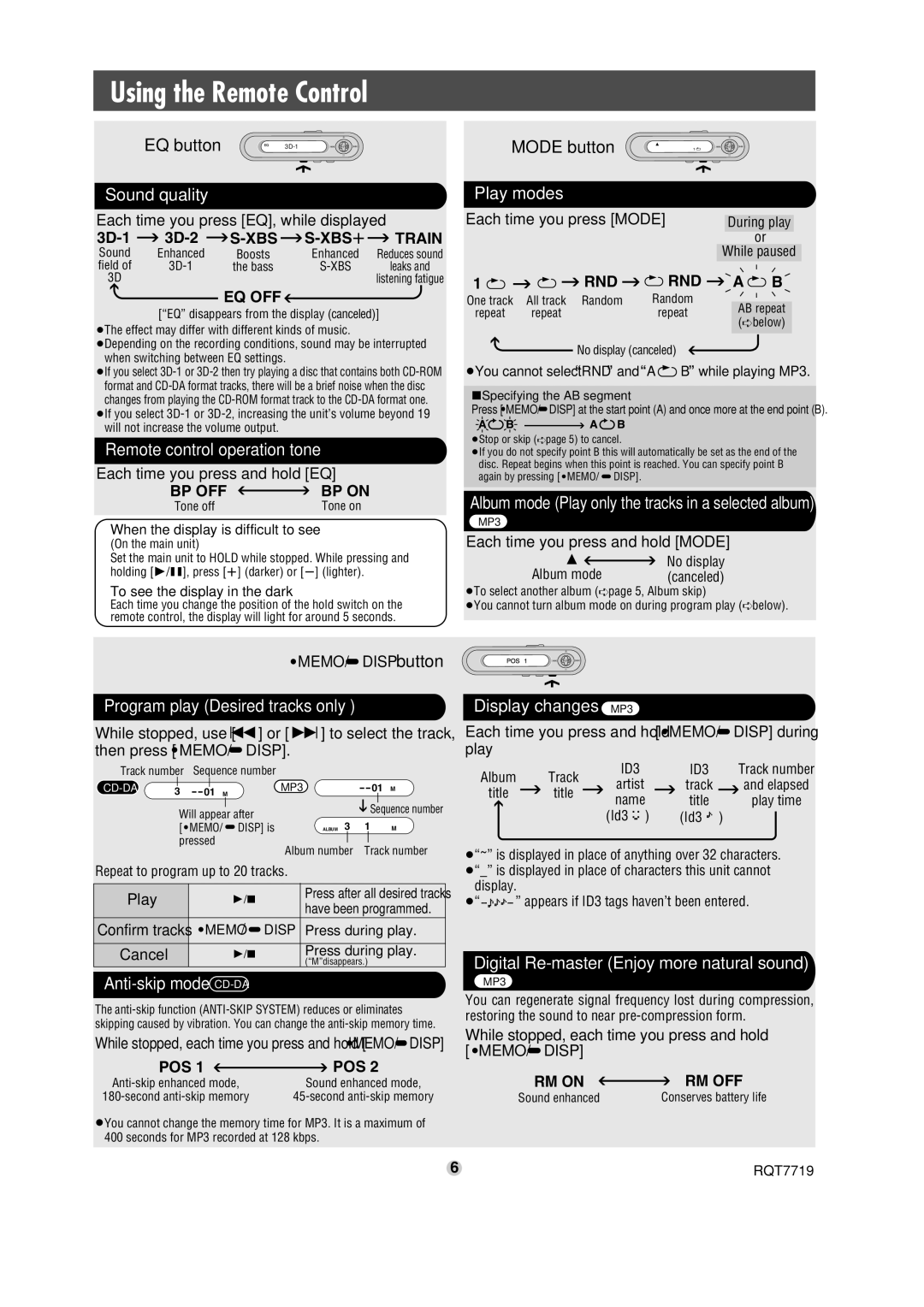 Panasonic SL-CT720 operating instructions Using the Remote Control 