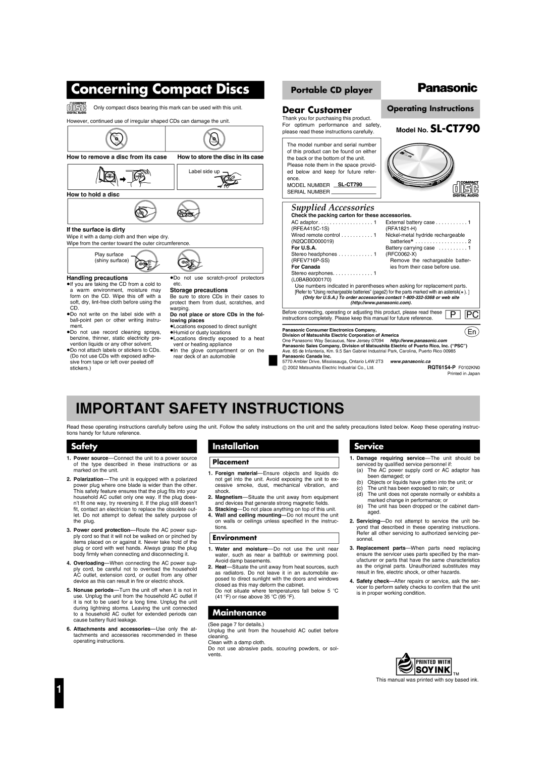 Panasonic operating instructions Concerning Compact Discs, Operating Instructions, Model No. SL-CT790, Placement 