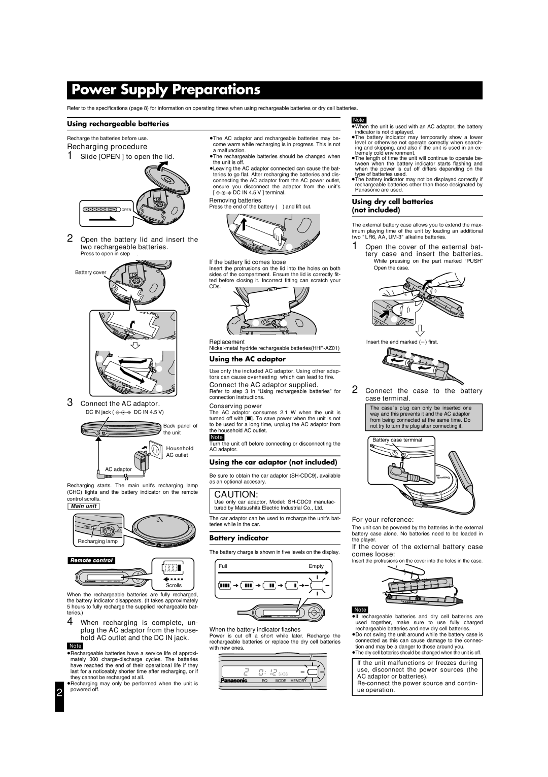 Panasonic SL-CT790 operating instructions Power Supply Preparations, Recharging procedure 