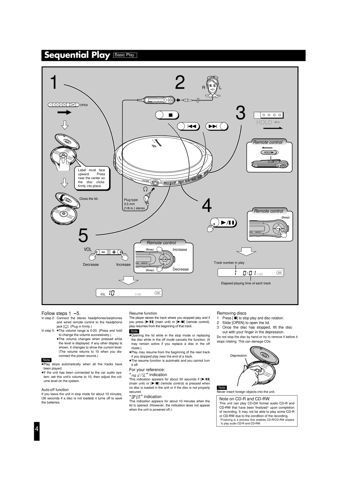 Panasonic SL-CT790 operating instructions Sequential Play, Follow steps, Indication, Removing discs 