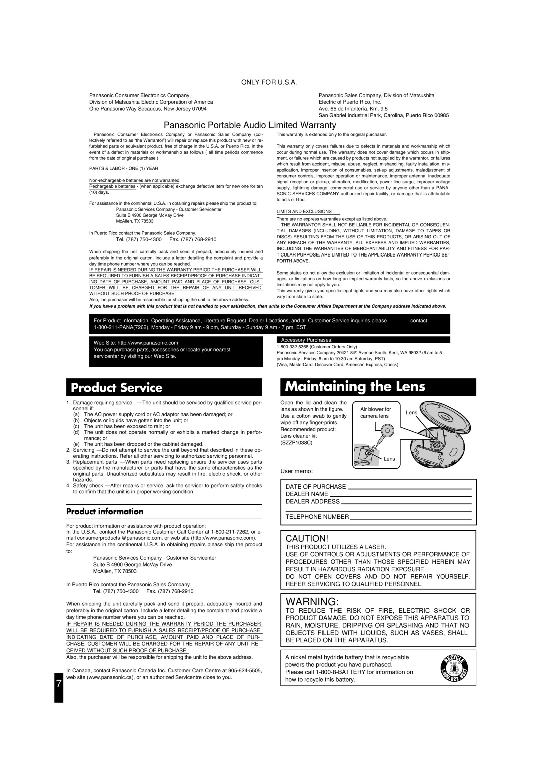 Panasonic SL-CT790 operating instructions Maintaining the Lens, Product information, User memo, Tel 750-4300 Fax 