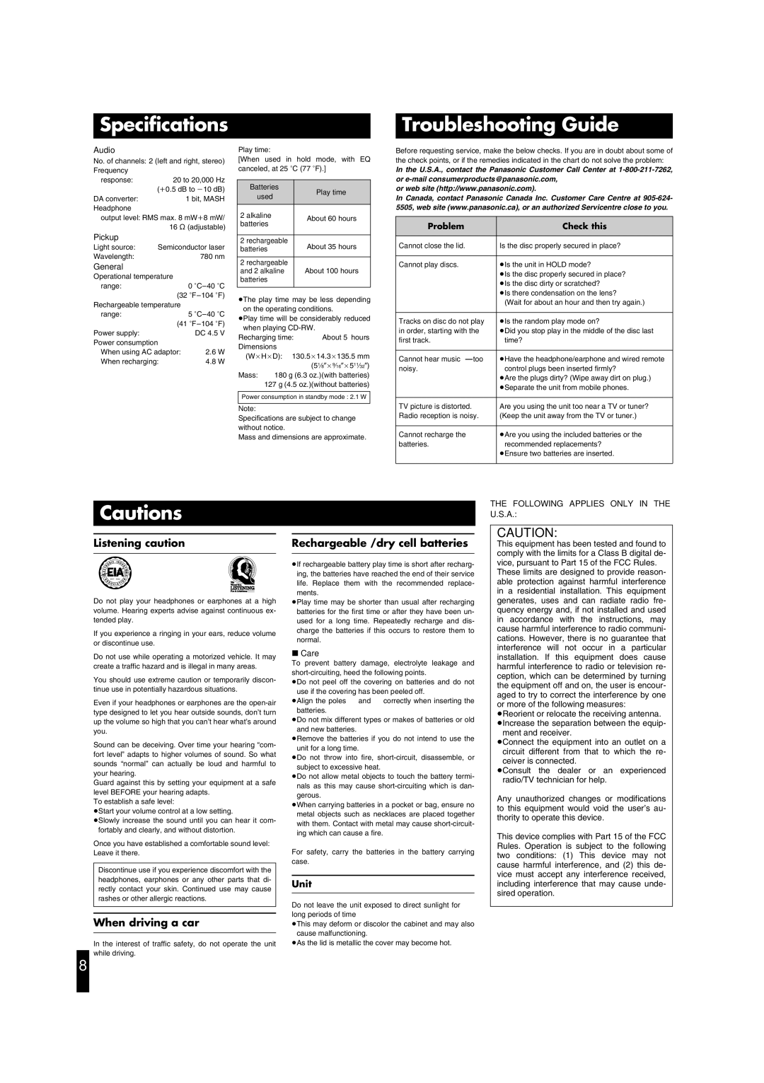 Panasonic SL-CT790 operating instructions Specifications, Troubleshooting Guide, Listening caution, When driving a car 