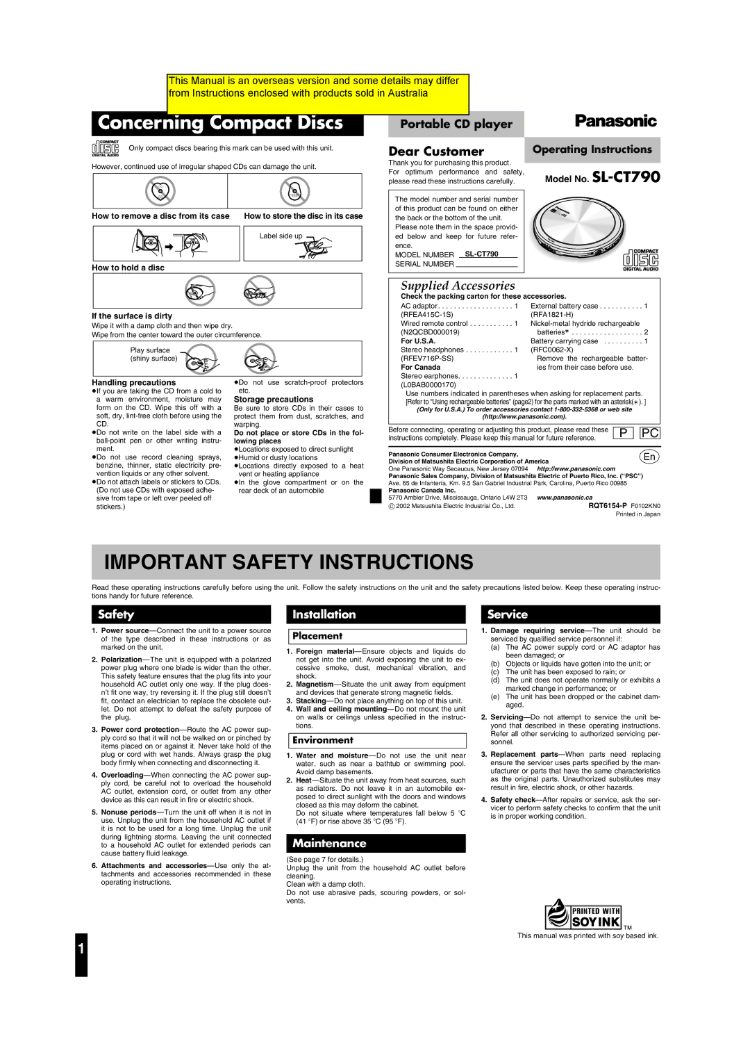 Panasonic operating instructions Concerning Compact Discs, Operating Instructions, Model No. SL-CT790, Placement 