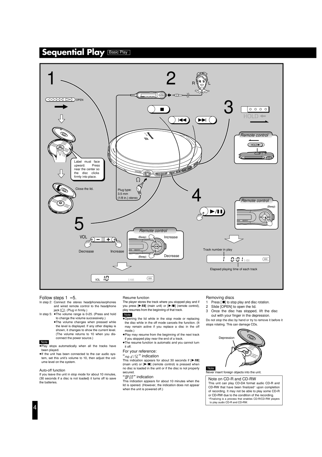 Panasonic SL-CT790 operating instructions Sequential Play, Follow steps, Indication, Removing discs 