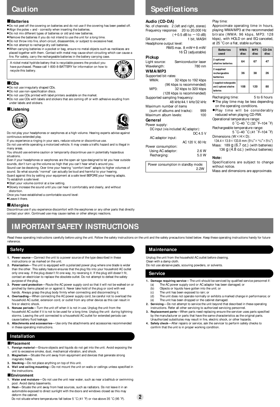 Panasonic SL-CT800 operating instructions Specifications, Safety, Maintenance, Service, Installation 