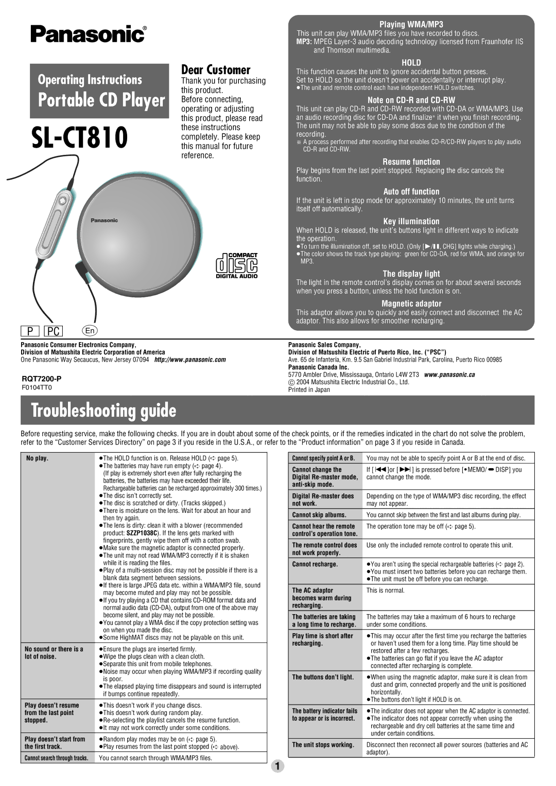 Panasonic SL-CT810 operating instructions Troubleshooting guide 