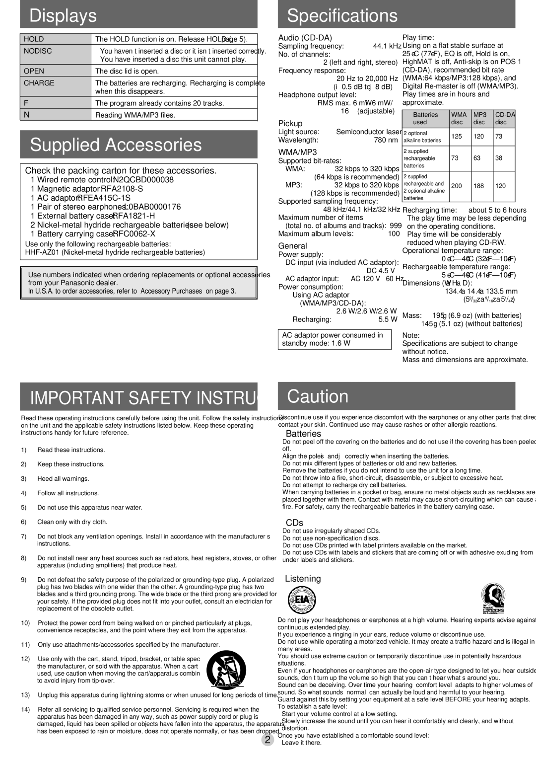 Panasonic SL-CT810 operating instructions Displays, Supplied Accessories 