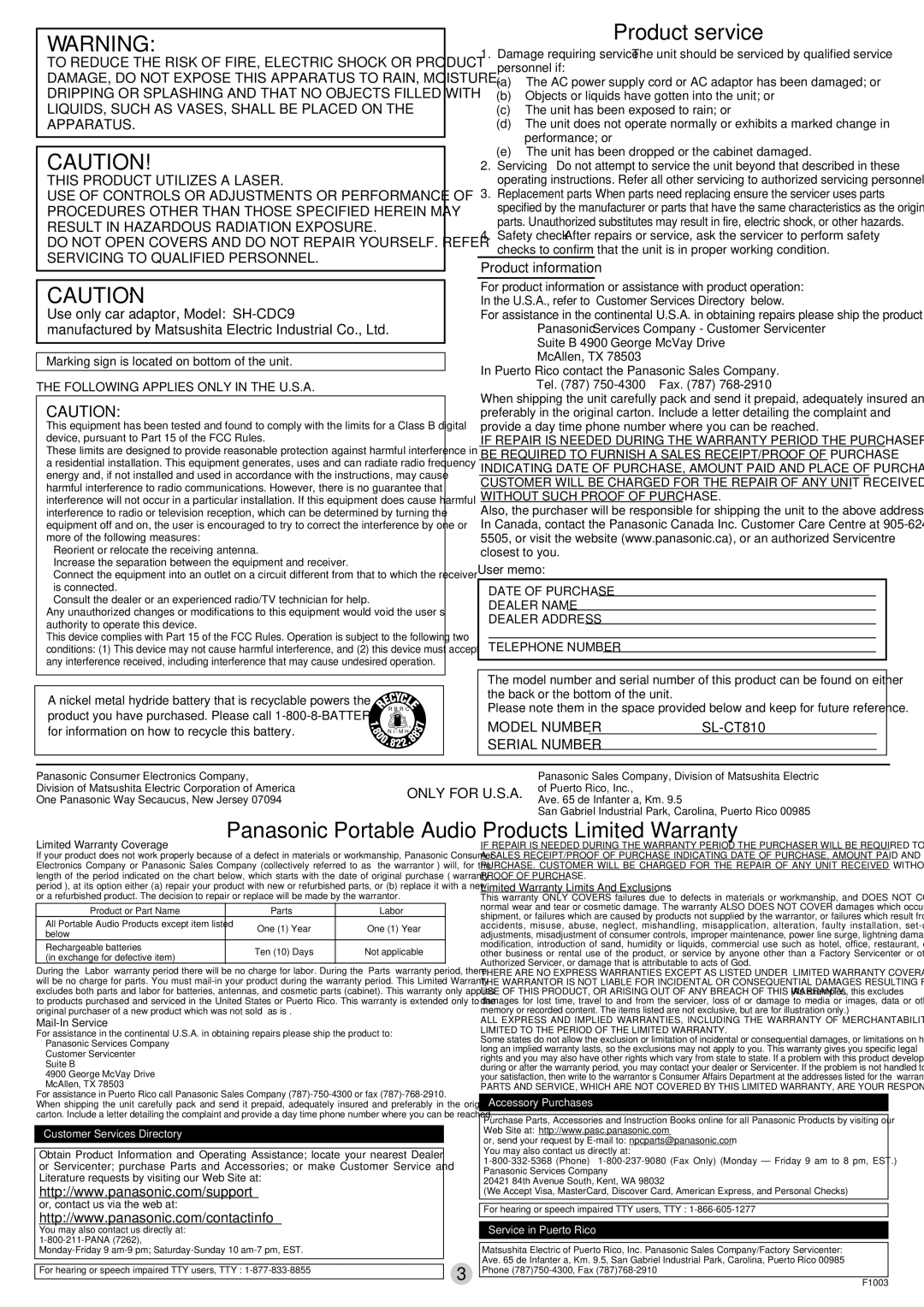 Panasonic SL-CT810 operating instructions Product information, Use only car adaptor, Model SH-CDC9, Only for U.S.A 