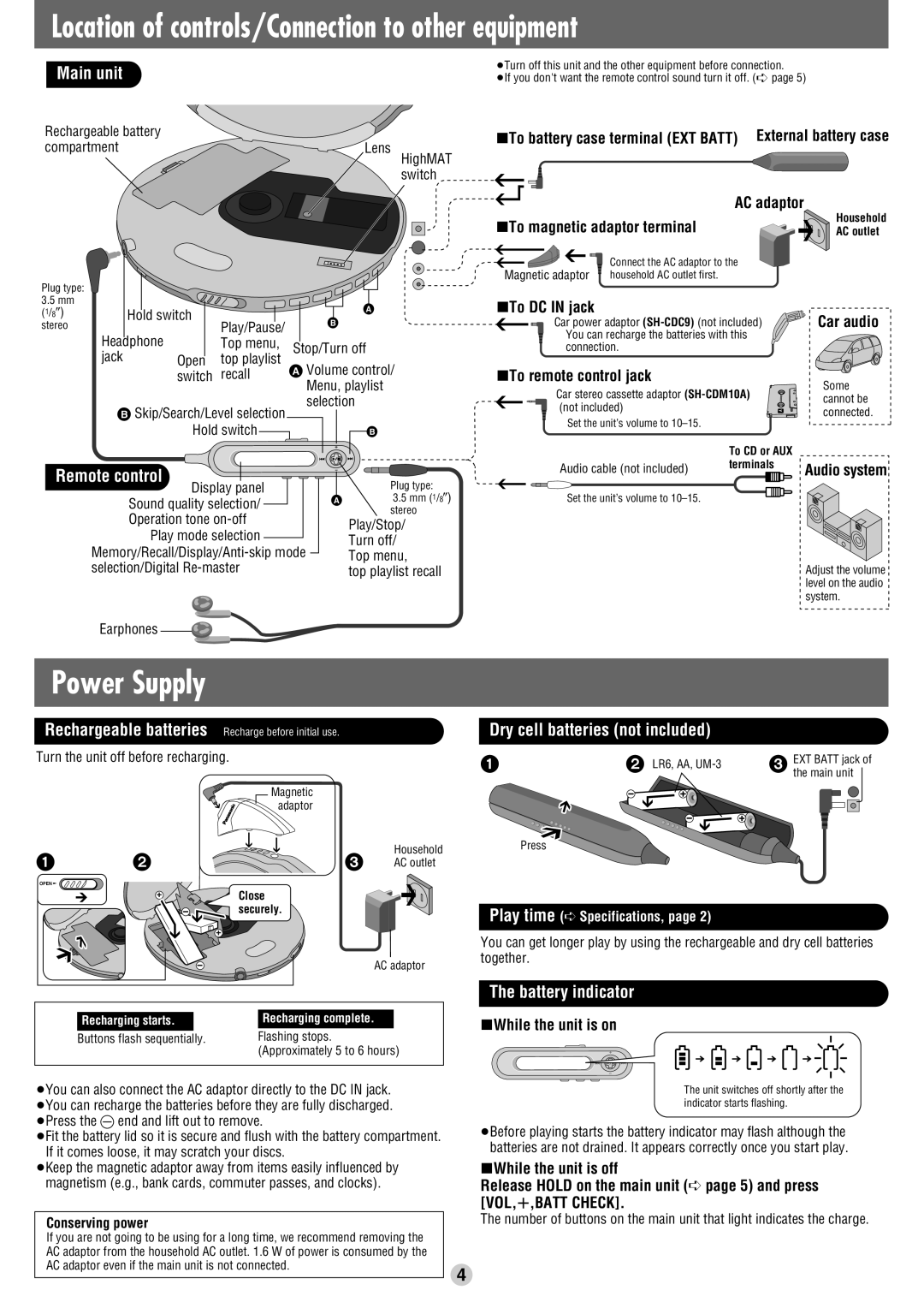 Panasonic SL-CT810 operating instructions Location of controls/Connection to other equipment, Power Supply 