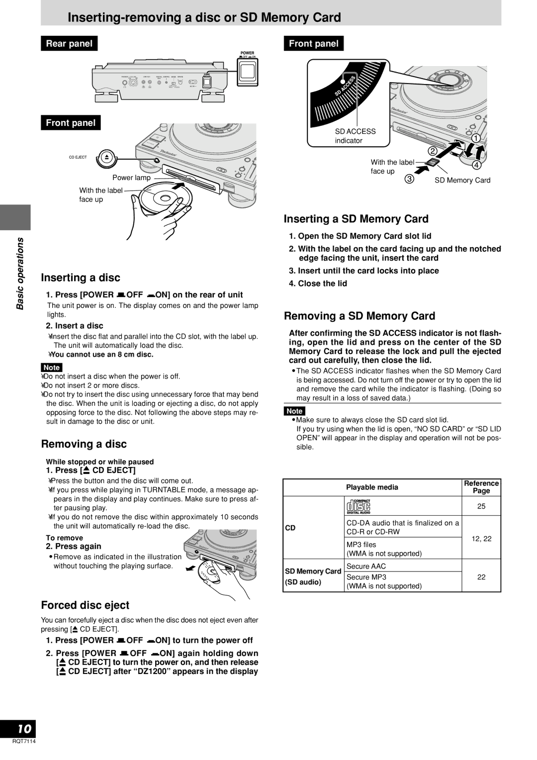 Panasonic SL-DZ1200 manual Inserting-removing a disc or SD Memory Card 