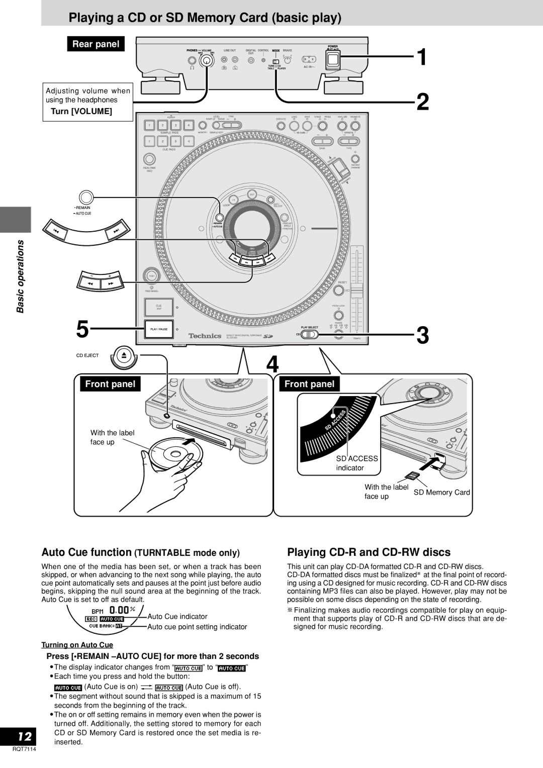 Panasonic SL-DZ1200 manual Playing a CD or SD Memory Card basic play, Playing CD-R and CD-RW discs, Turn Volume 