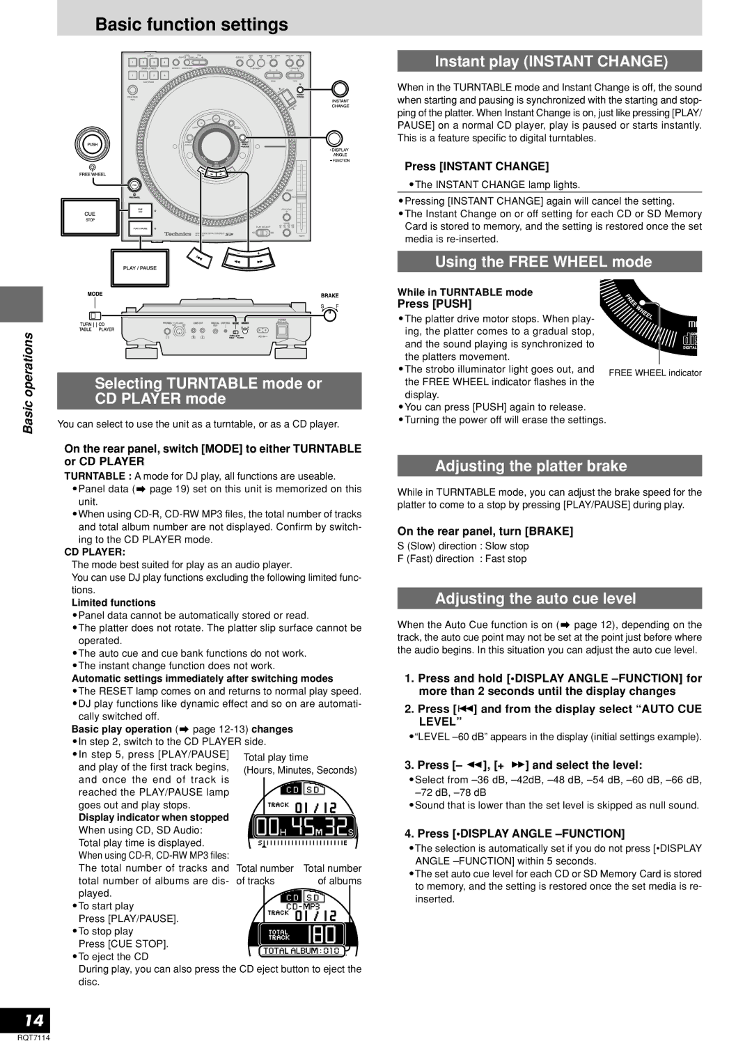 Panasonic SL-DZ1200 manual Basic function settings, Instant play Instant Change, Using the Free Wheel mode 