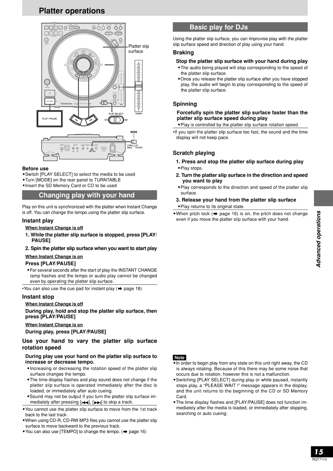 Panasonic SL-DZ1200 manual Platter operations, Changing play with your hand, Basic play for DJs, Advanced 