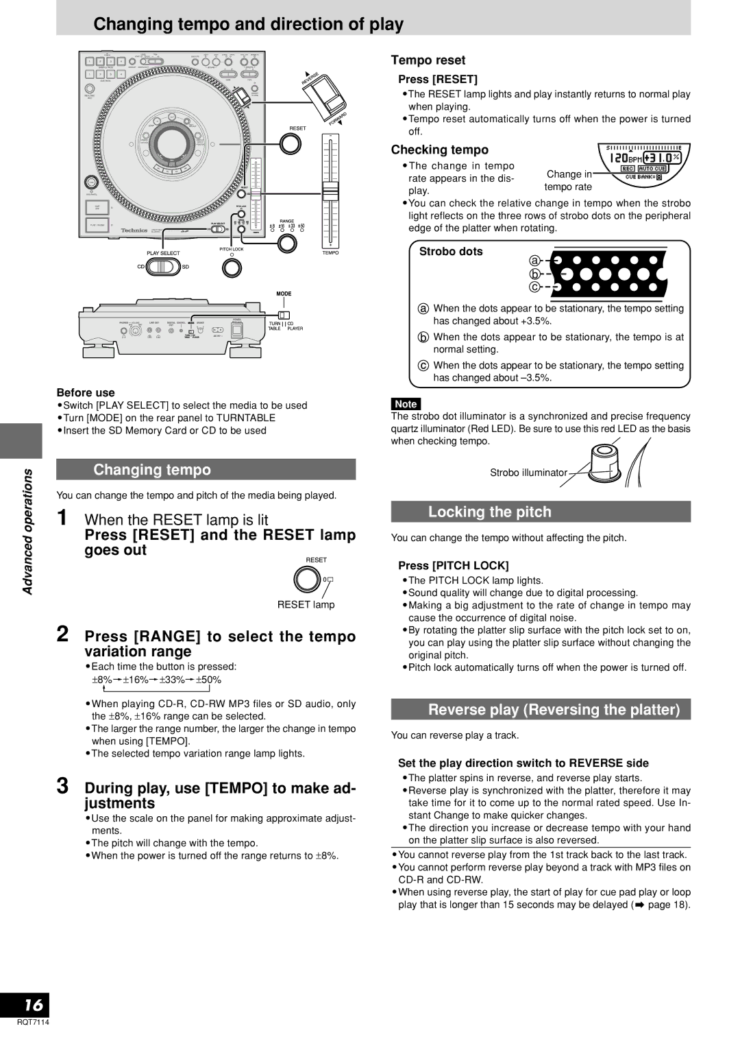 Panasonic SL-DZ1200 manual Changing tempo and direction of play, Locking the pitch, Reverse play Reversing the platter 