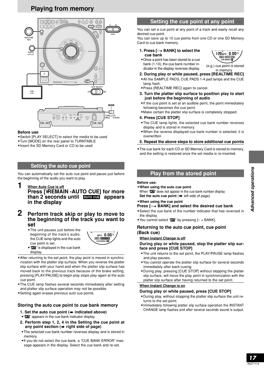 Panasonic SL-DZ1200 manual Playing from memory, Setting the cue point at any point, Setting the auto cue point 