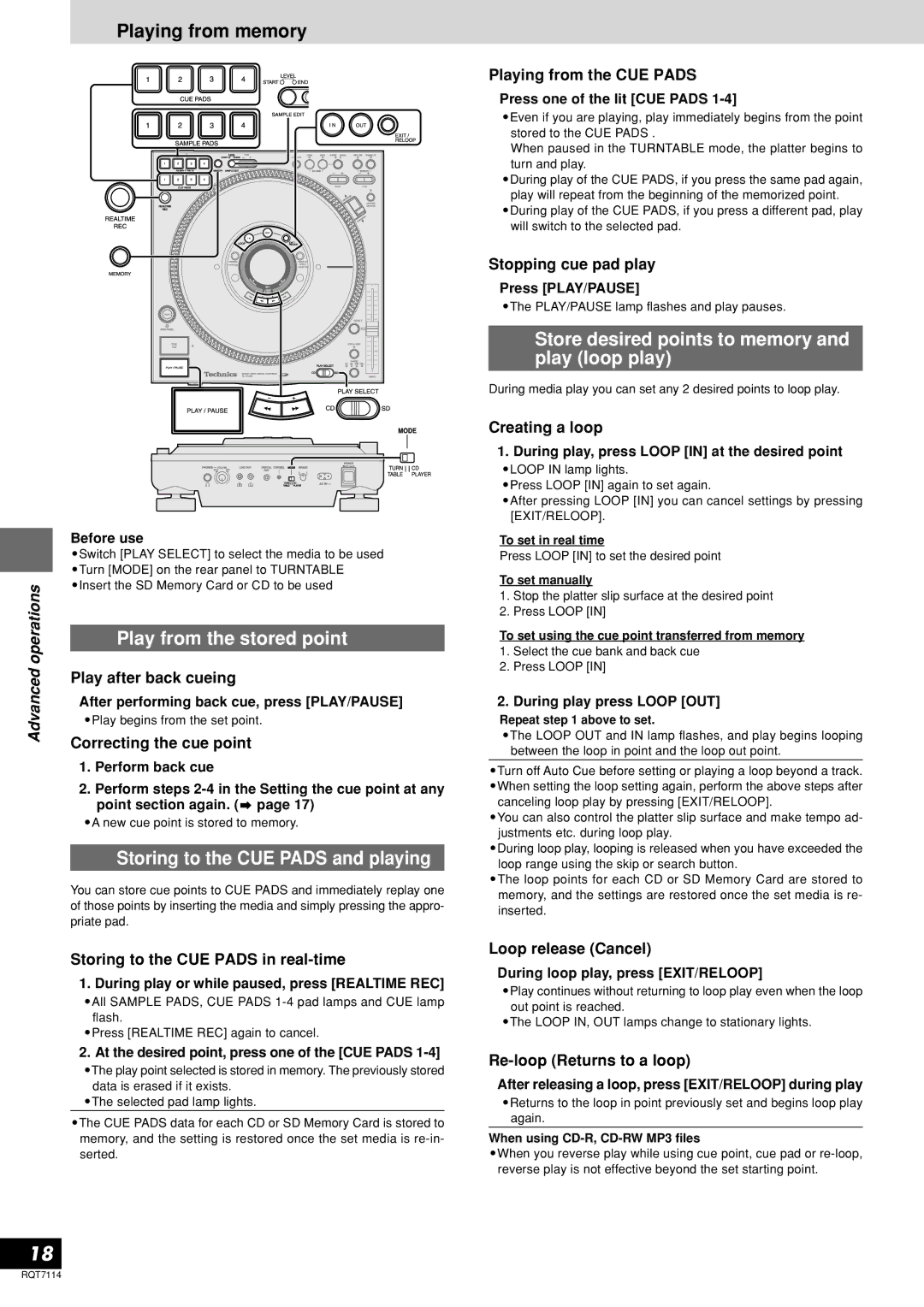 Panasonic SL-DZ1200 manual Playing from memory, Storing to the CUE Pads and playing 