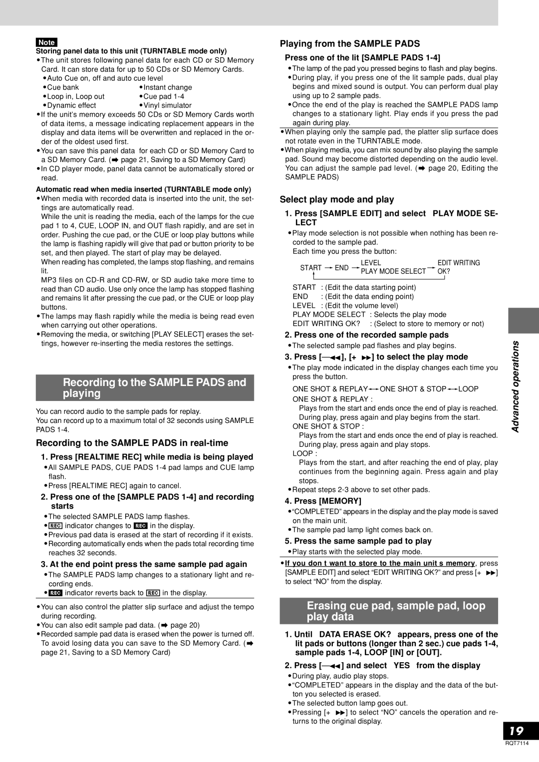 Panasonic SL-DZ1200 manual Recording to the Sample Pads and playing, Erasing cue pad, sample pad, loop play data 
