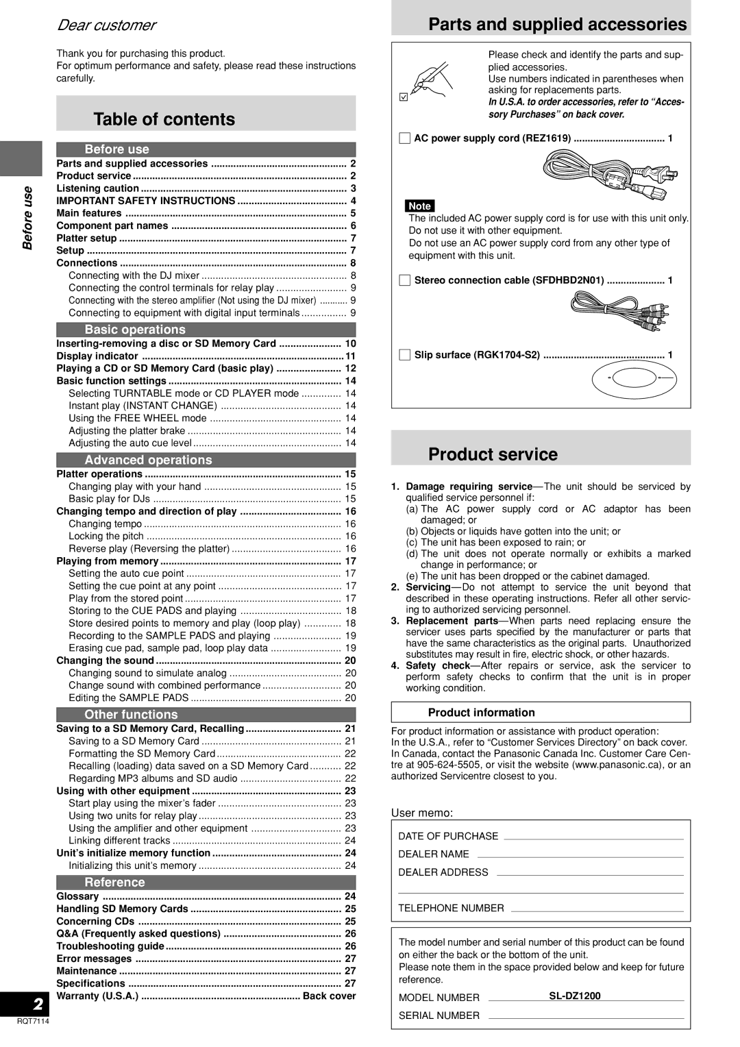 Panasonic SL-DZ1200 manual Table of contents, Product service 