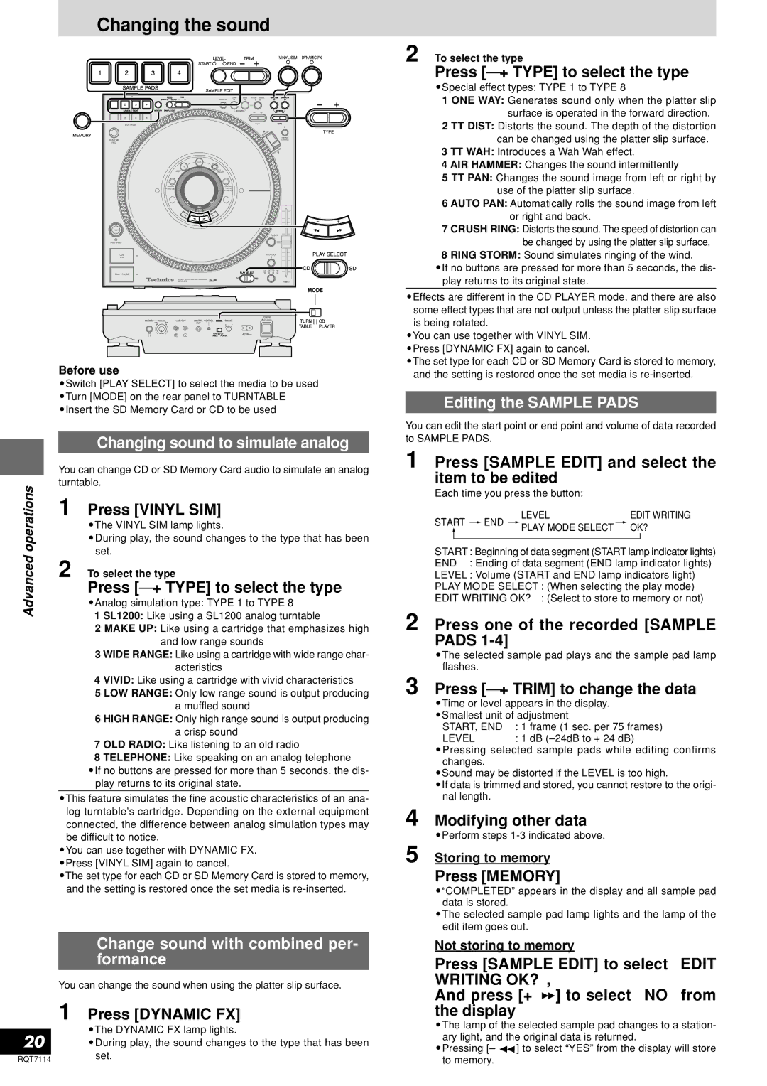 Panasonic SL-DZ1200 manual Changing the sound, Changing sound to simulate analog, Change sound with combined per, Formance 