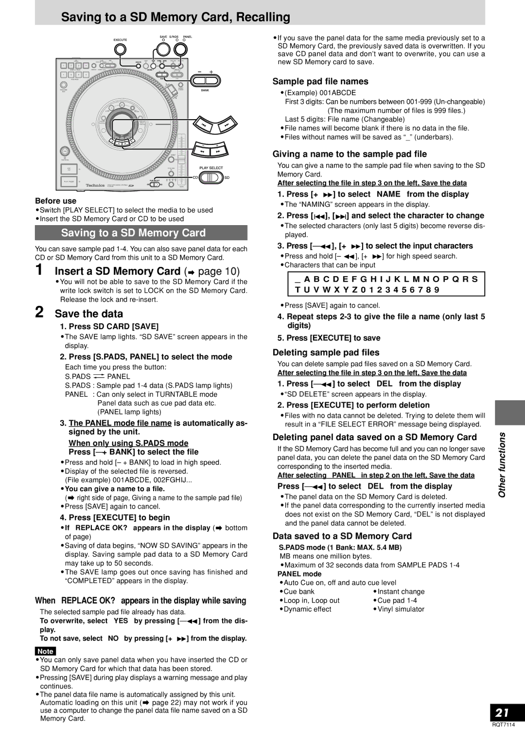 Panasonic SL-DZ1200 manual Saving to a SD Memory Card, Recalling, Insert a SD Memory Card, Save the data, Other functions 