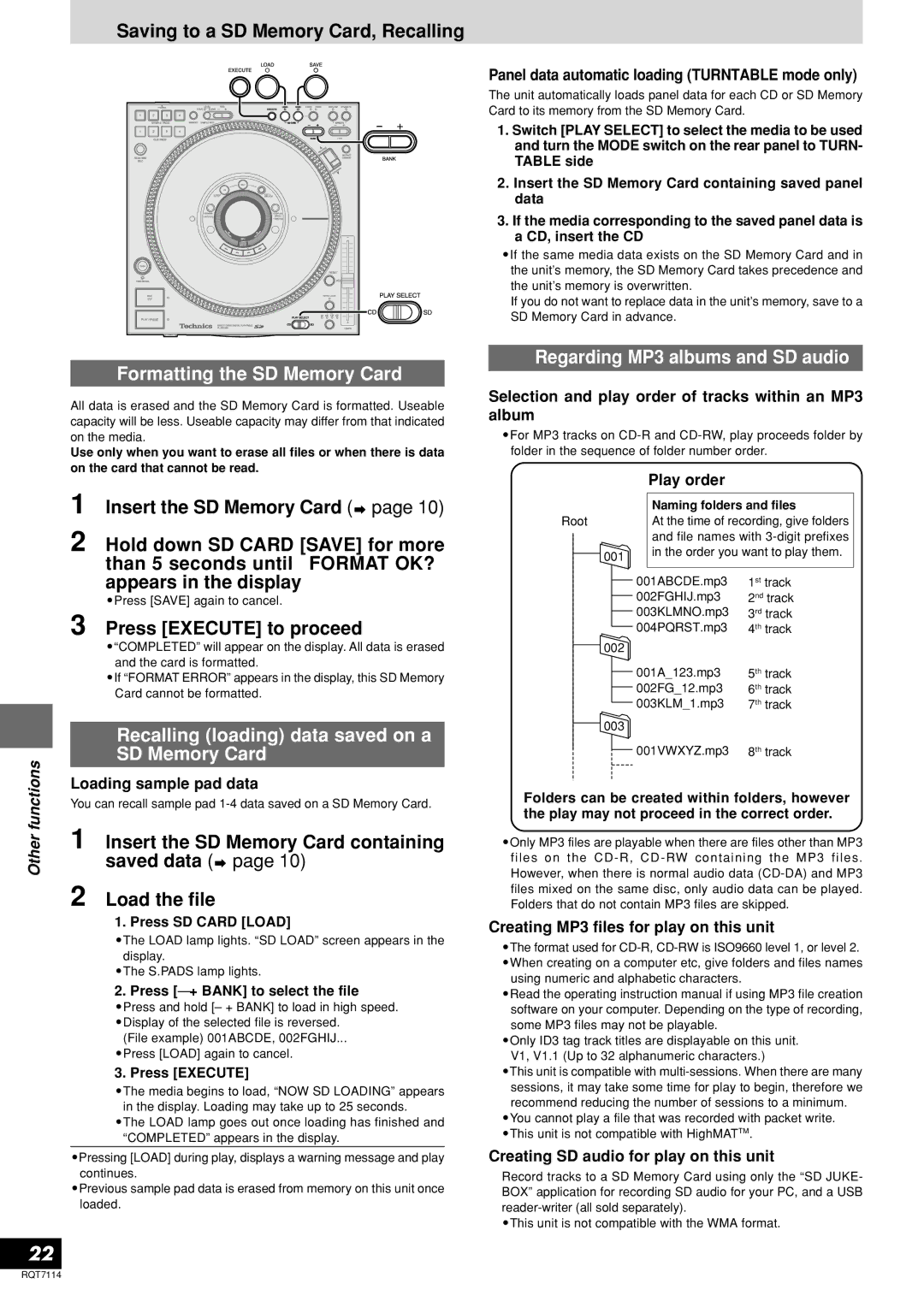 Panasonic SL-DZ1200 Formatting the SD Memory Card, Regarding MP3 albums and SD audio, Recalling loading data saved on a 