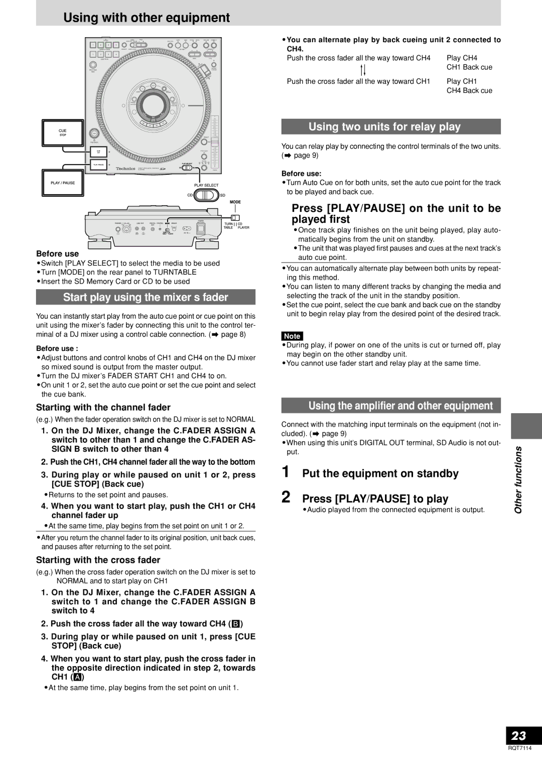 Panasonic SL-DZ1200 manual Using with other equipment, Start play using the mixer’s fader, Using two units for relay play 