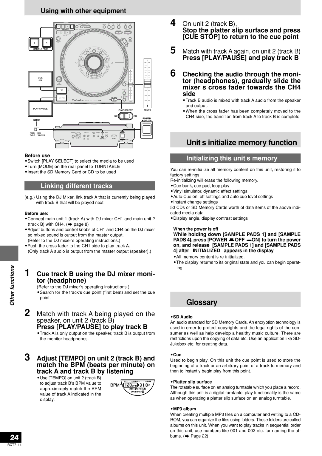 Panasonic SL-DZ1200 Unit’s initialize memory function, Glossary, Linking different tracks, Initializing this unit’s memory 