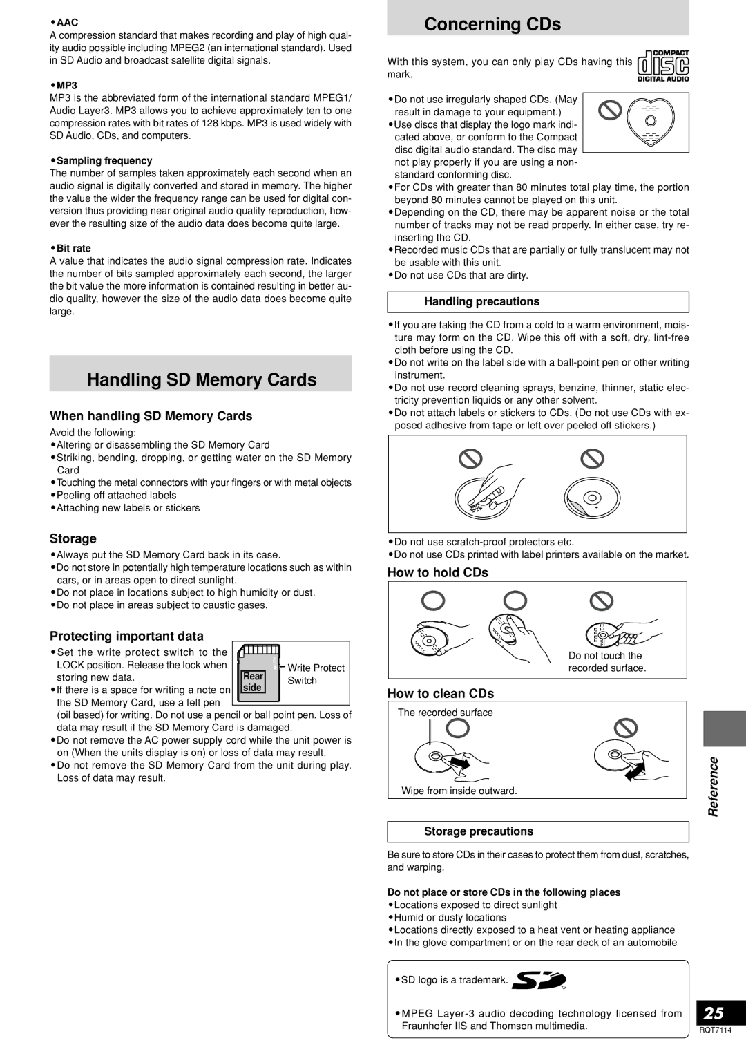 Panasonic SL-DZ1200 manual Handling SD Memory Cards, Concerning CDs, Reference 