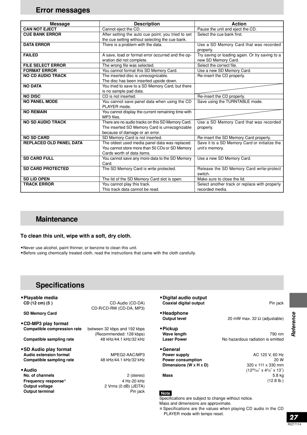 Panasonic SL-DZ1200 manual Error messages, Maintenance, Specifications, To clean this unit, wipe with a soft, dry cloth 