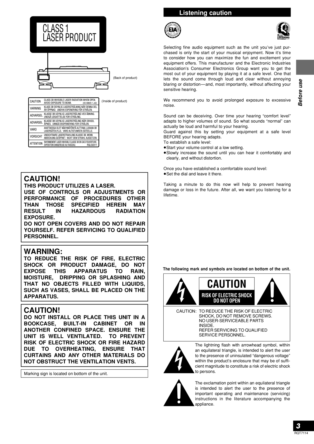 Panasonic SL-DZ1200 manual Listening caution, Use 