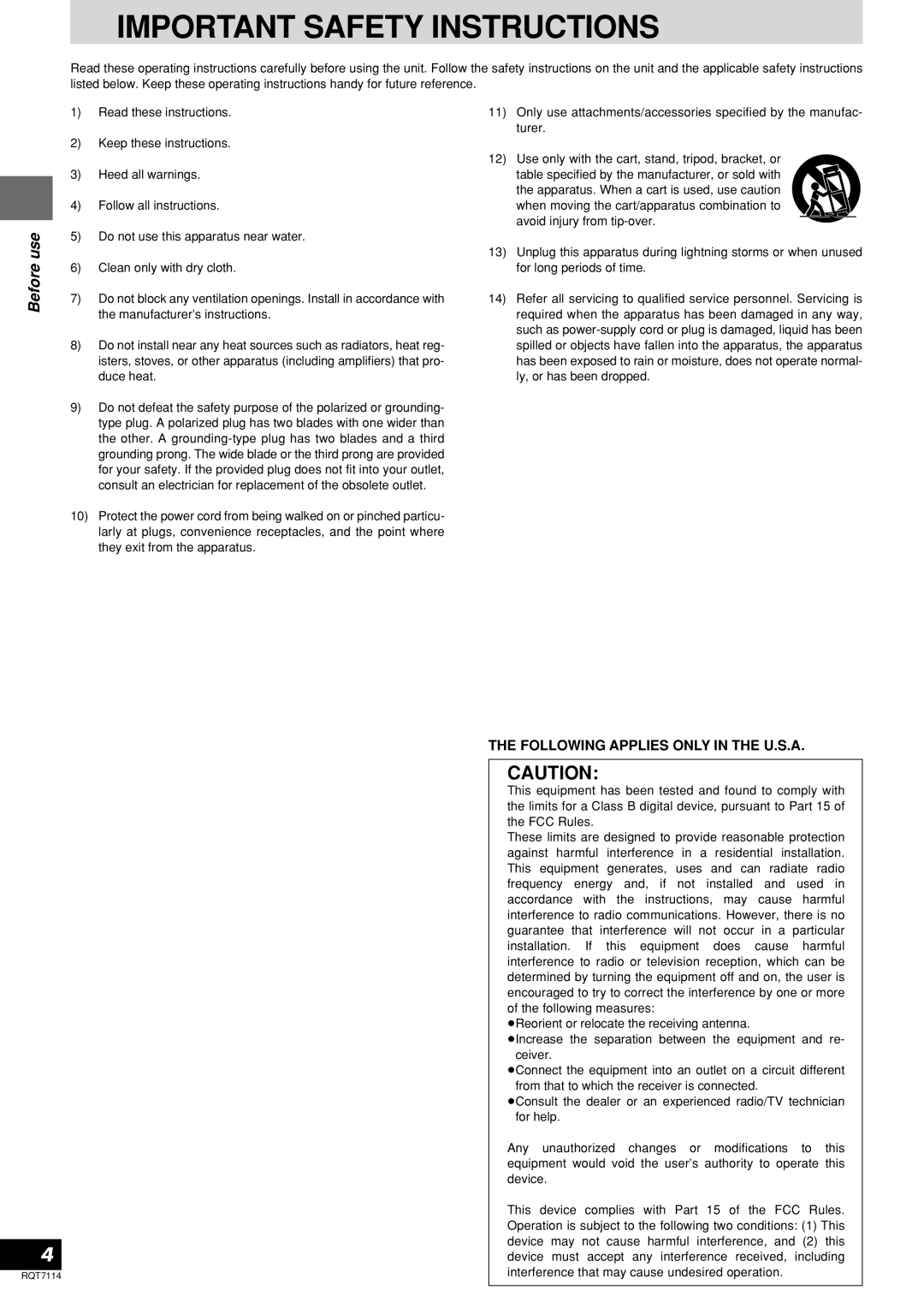 Panasonic SL-DZ1200 manual Important Safety Instructions, Before use 