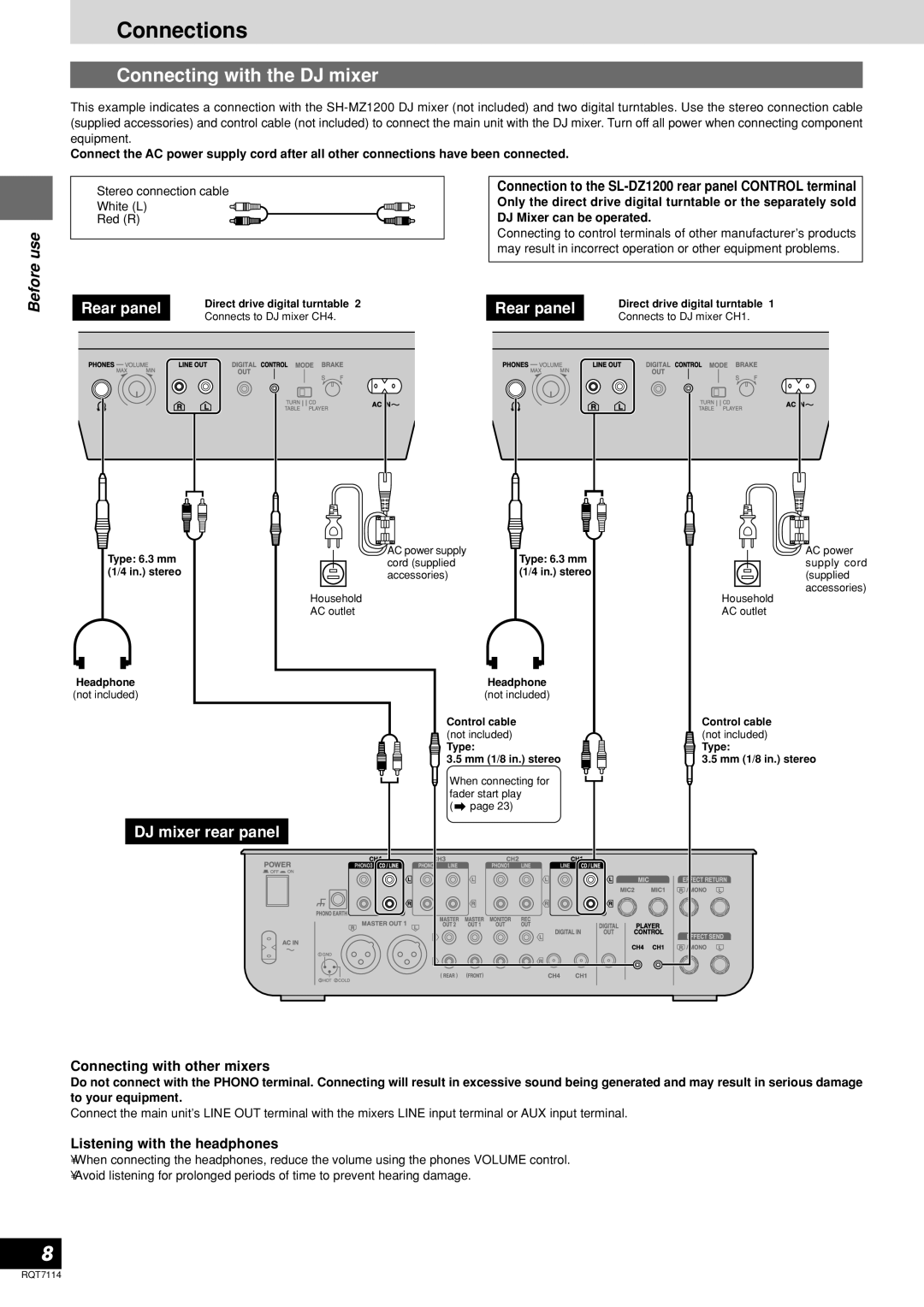 Panasonic SL-DZ1200 Connections, Connecting with the DJ mixer, Connecting with other mixers, Listening with the headphones 