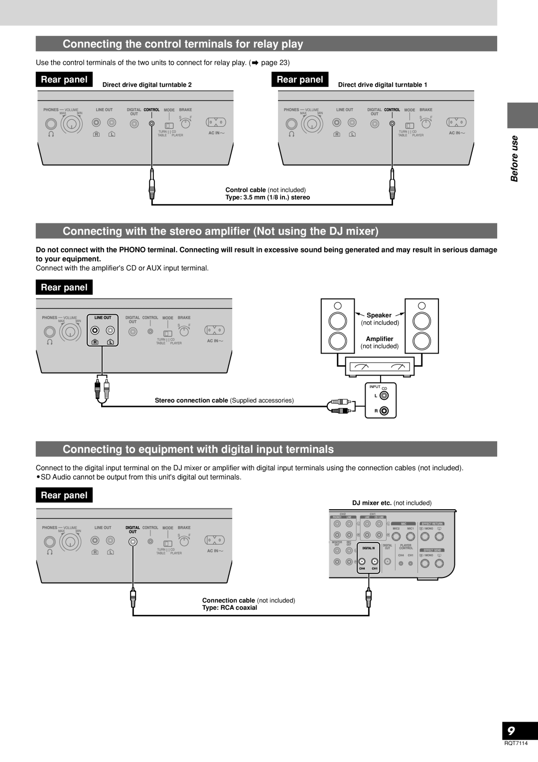 Panasonic SL-DZ1200 Connecting the control terminals for relay play, Connecting to equipment with digital input terminals 