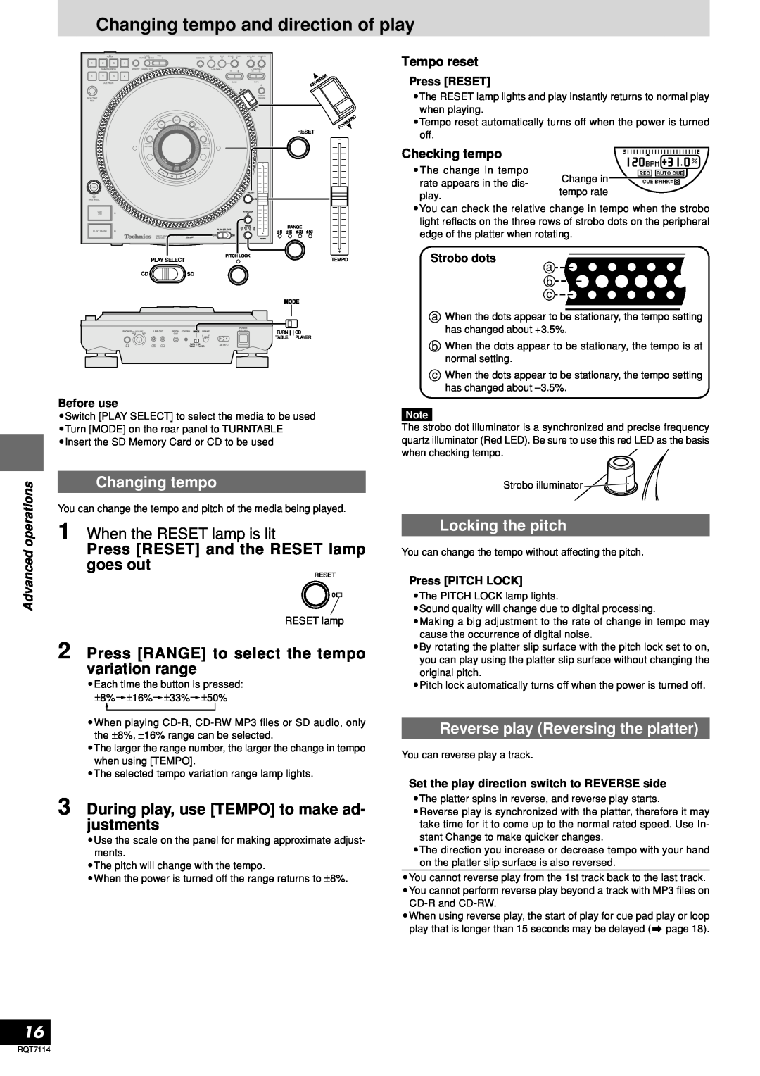 Panasonic SL-DZ1200 manual Changing tempo and direction of play, When the RESET lamp is lit, Locking the pitch, Tempo reset 