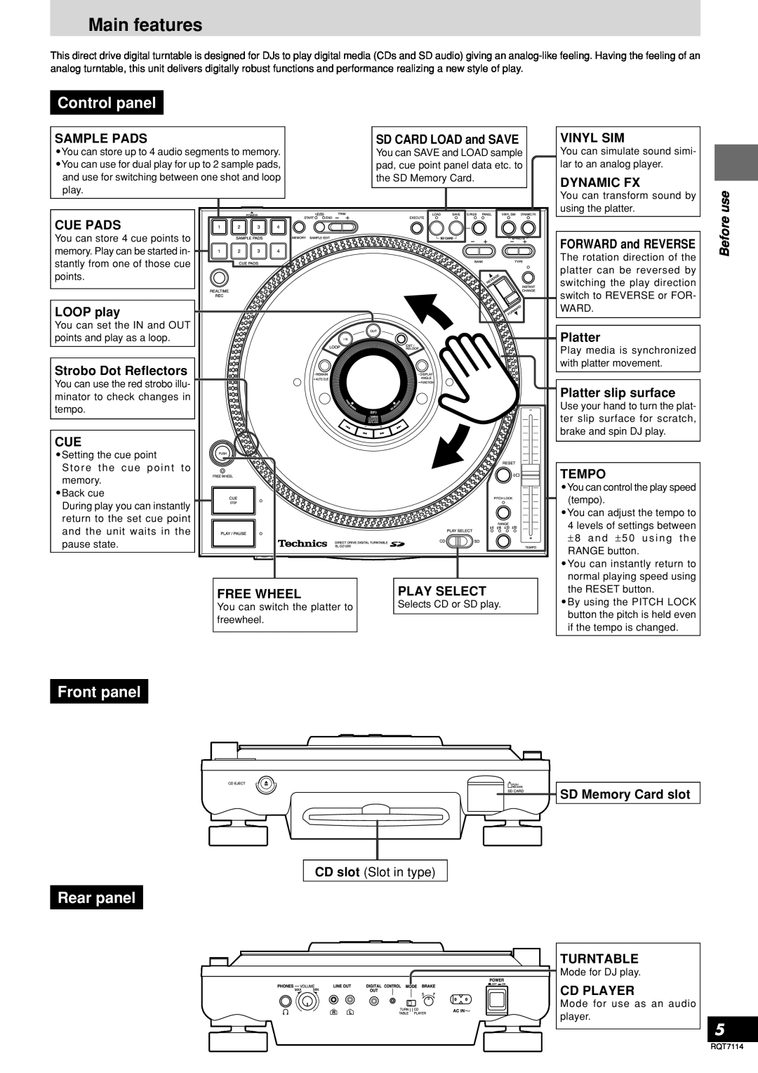 Panasonic SL-DZ1200 Main features, Control panel, Front panel, Rear panel, Sample Pads, Cue Pads, LOOP play, Vinyl Sim 