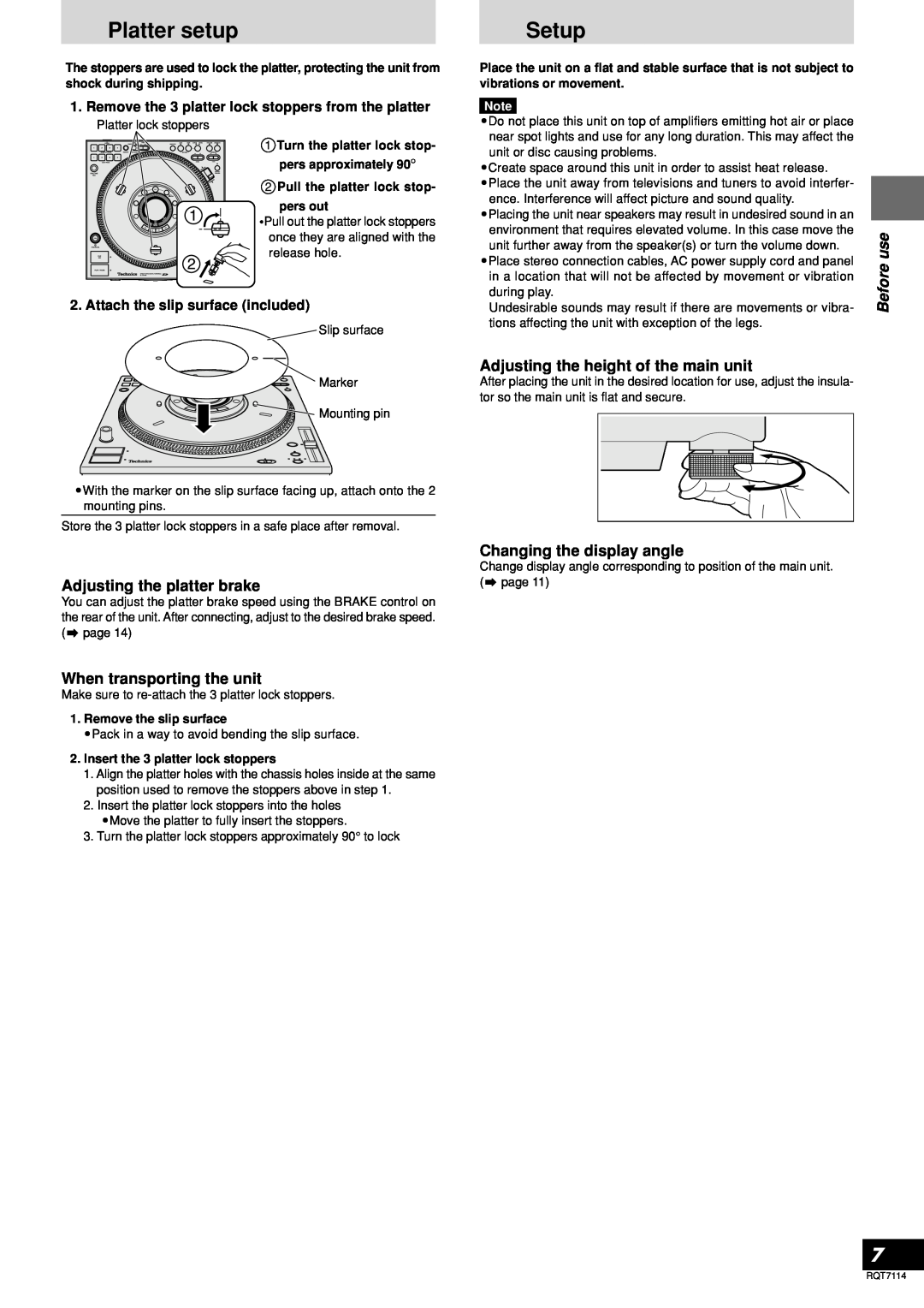 Panasonic SL-DZ1200 manual Platter setup, Setup, Adjusting the platter brake, When transporting the unit, Before use 