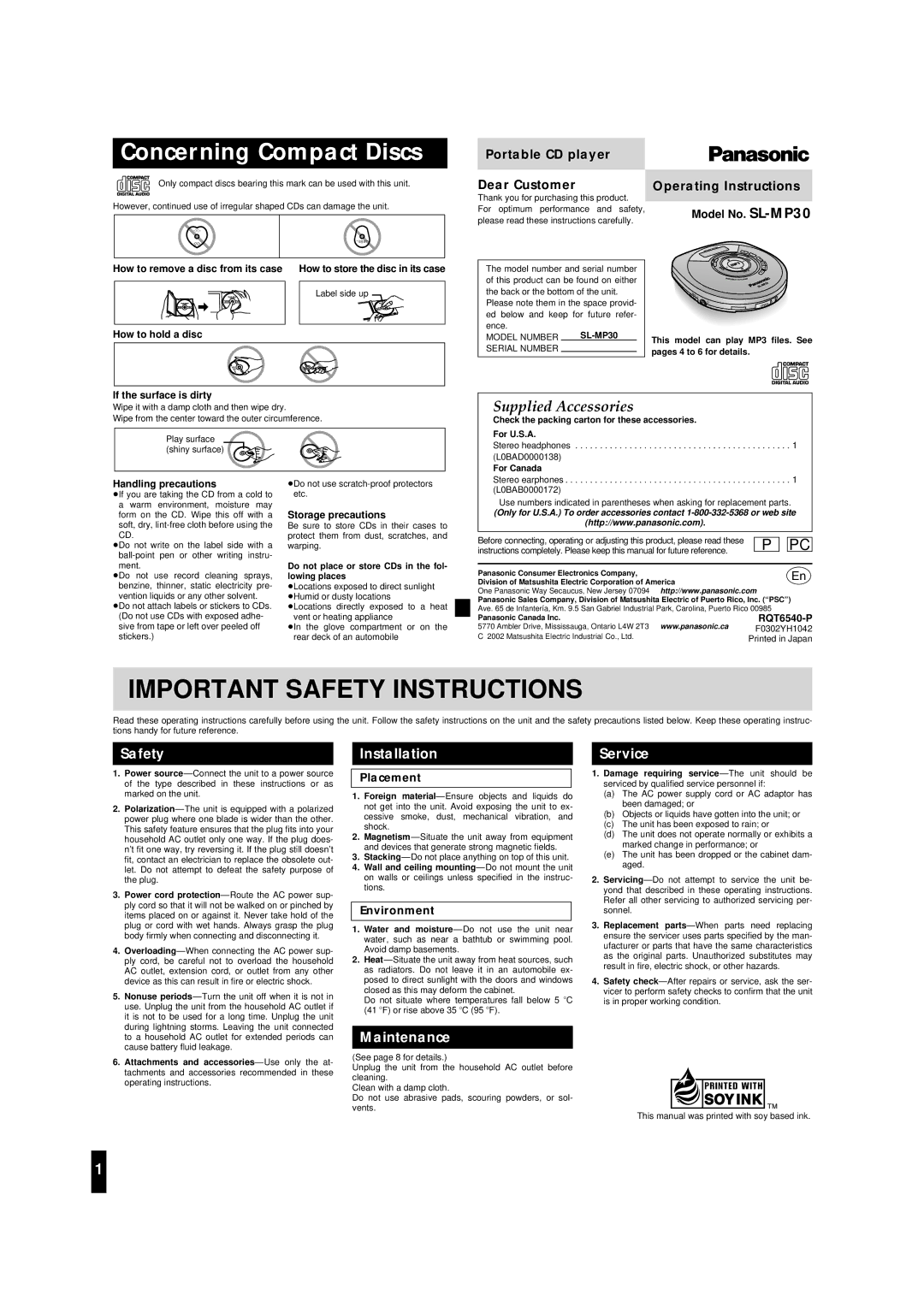 Panasonic SL-MP30 important safety instructions Portable CD player Dear Customer, Operating Instructions, Placement 