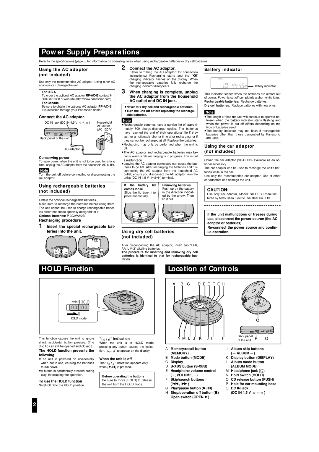 Panasonic SL-MP30 important safety instructions Power Supply Preparations, Location of Controls 