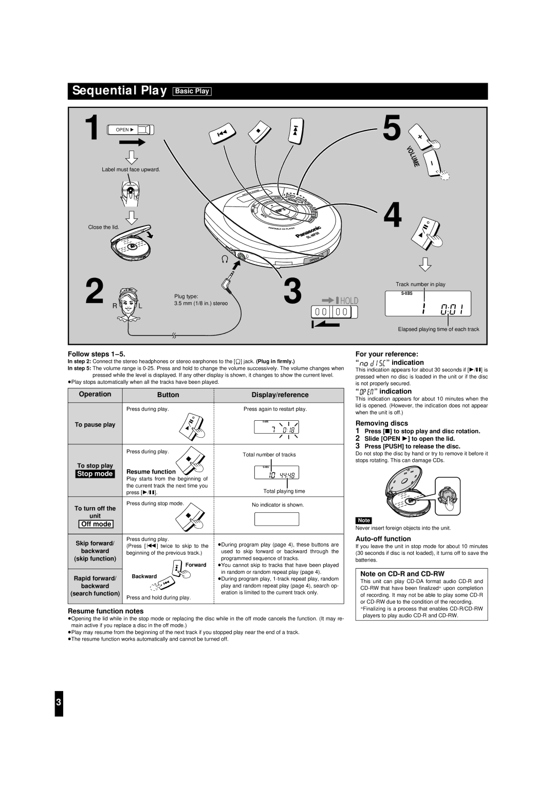 Panasonic SL-MP30 important safety instructions Sequential Play Basic Play, Stop mode 