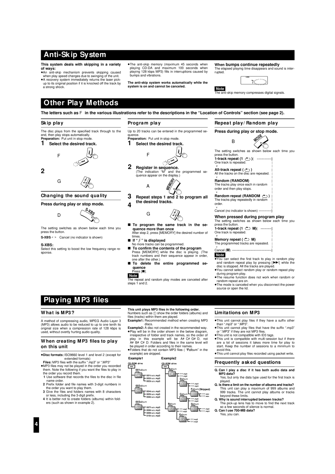 Panasonic SL-MP30 important safety instructions Anti-Skip System, Other Play Methods, Playing MP3 ﬁles 