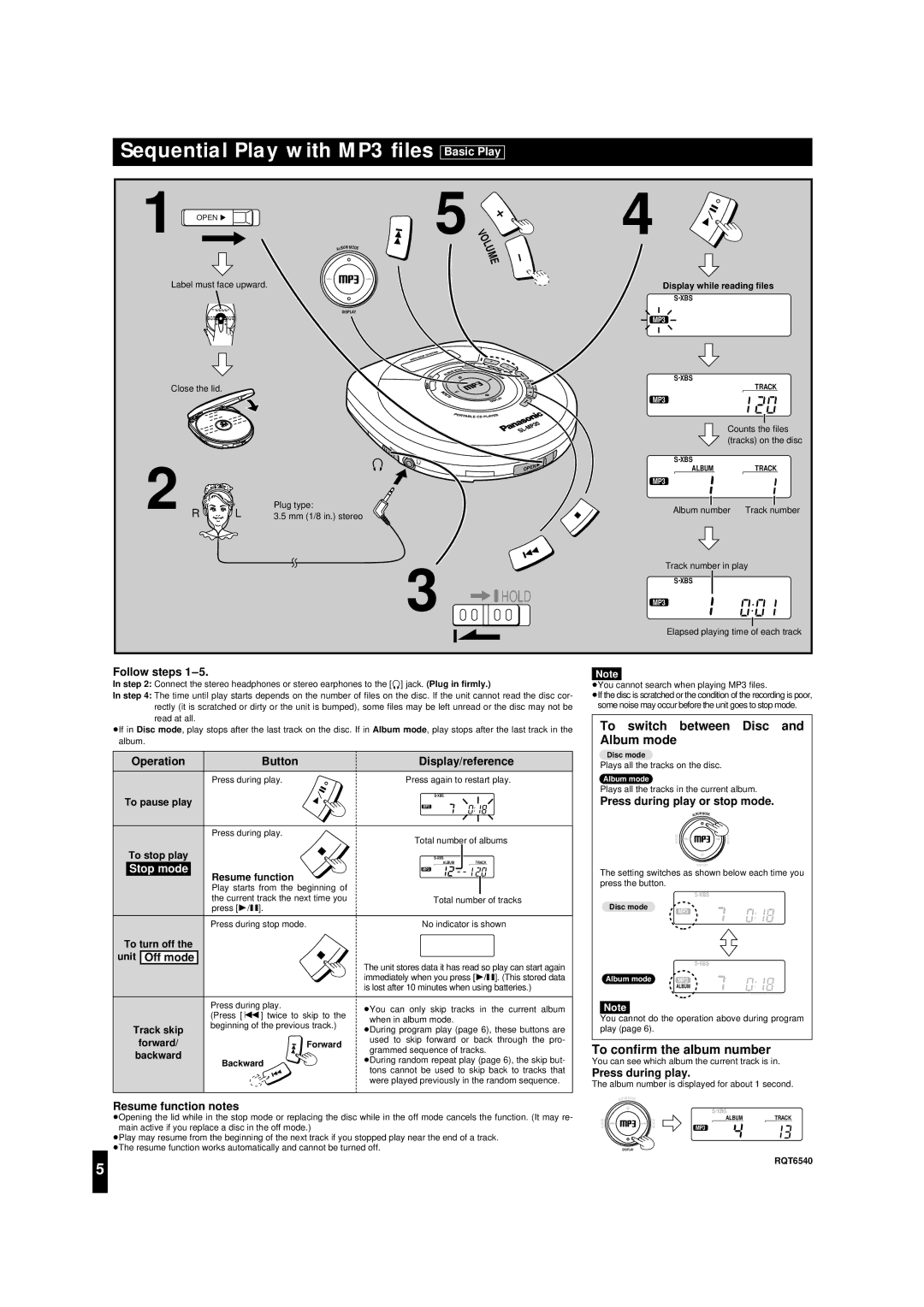 Panasonic SL-MP30 important safety instructions Sequential Play with MP3 ﬁles, Basic Play, Unit Off mode, Press during play 